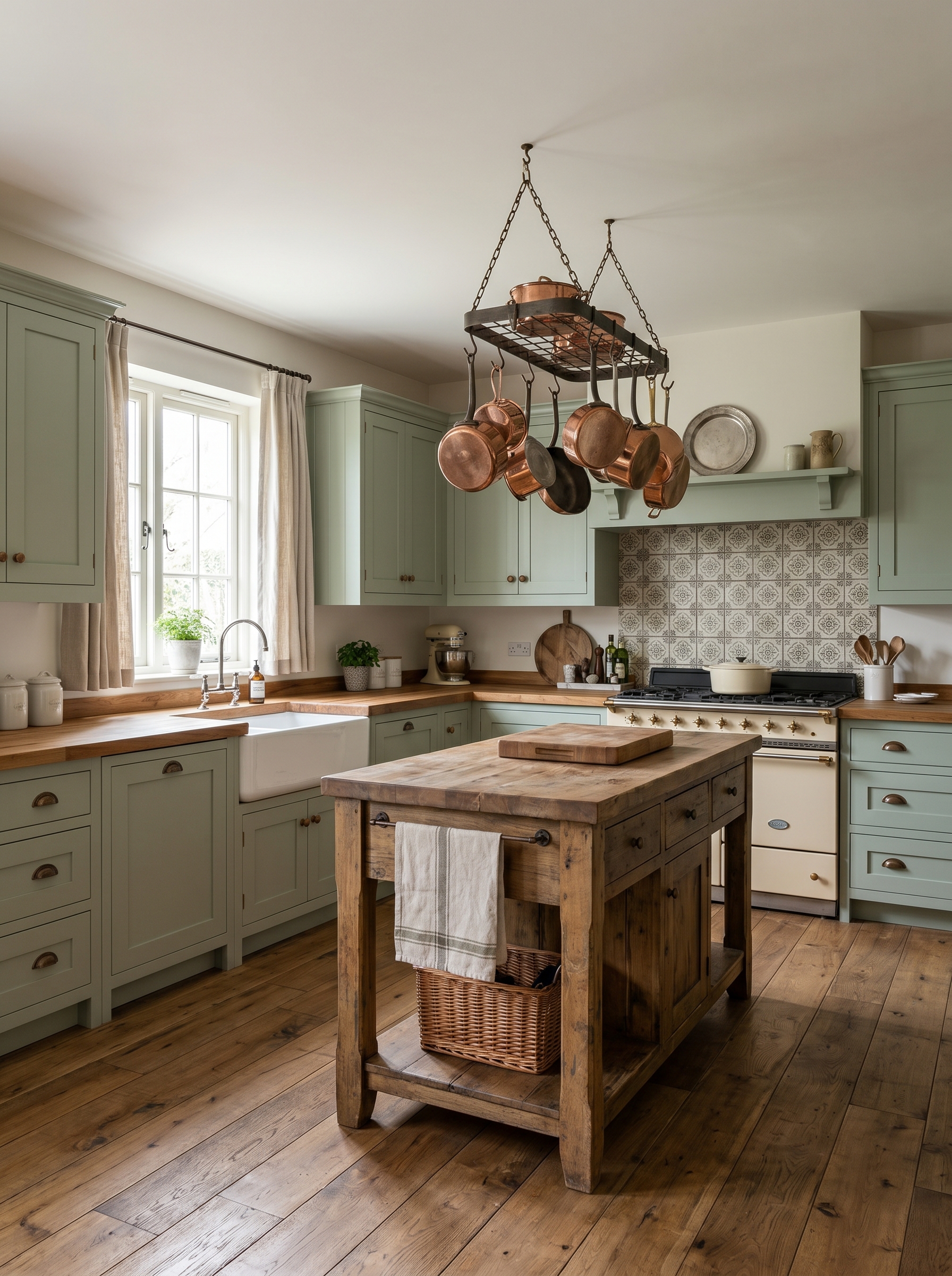 Warm wood kitchen with honed stone counters, arched hood, and farmhouse sink